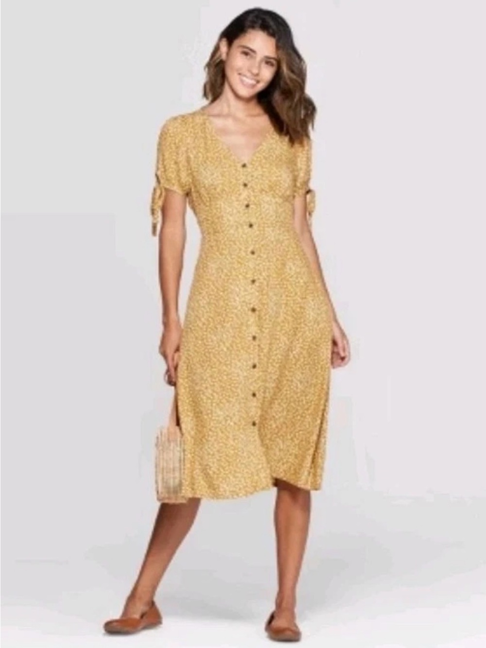 Universal Thread A Line Yellow Button-Front Floral Midi Summer Dress Sz Medium